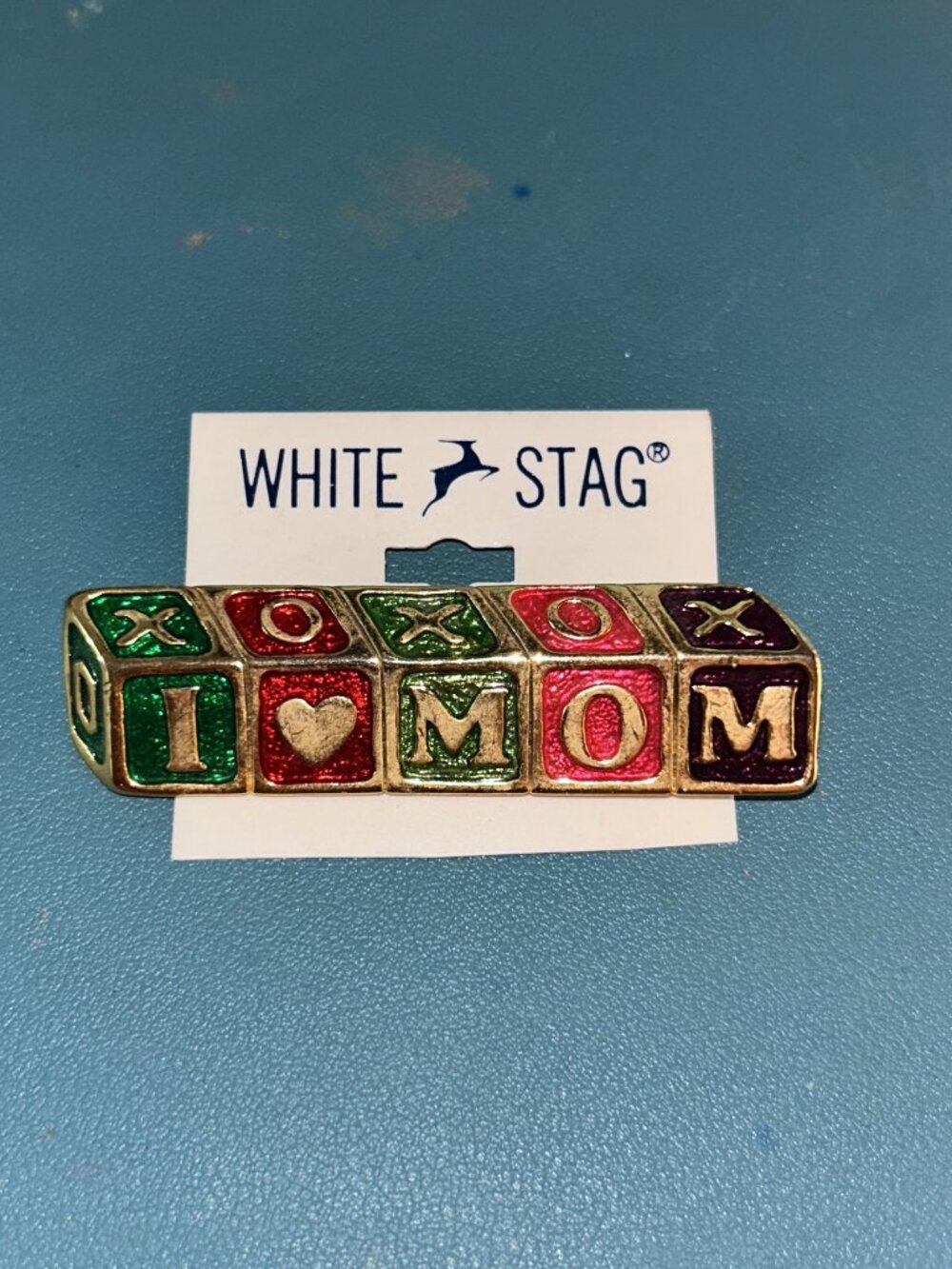 Vintage White Stag I Love Mom Block Brooch Pin Gold Colorful Enamel NWT